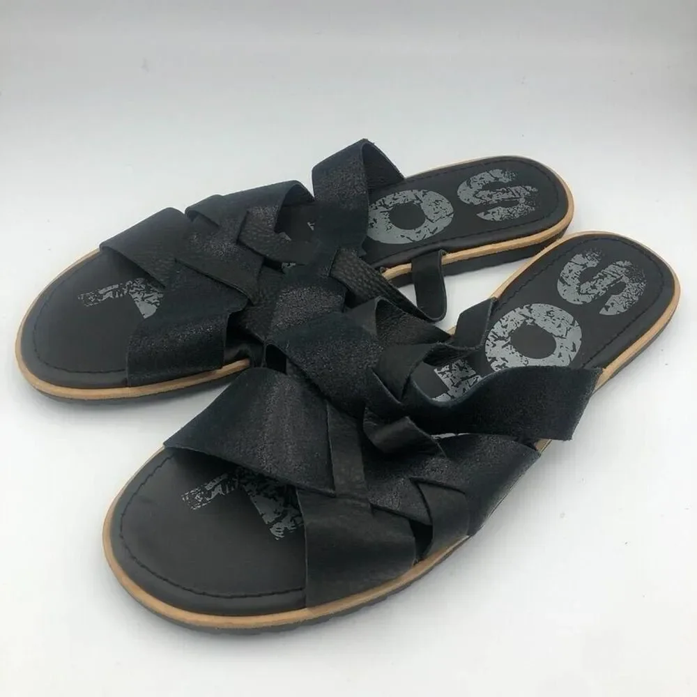 Sorel Black Strappy Sandal Slides Leather Slip On Glitter Woven Womens Size 11‎